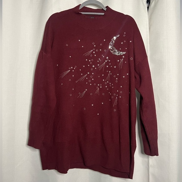Torrid Burgundy Maroon Silver Sequin Moon Mock Neck Sweater 1X - Picture 4 of 11